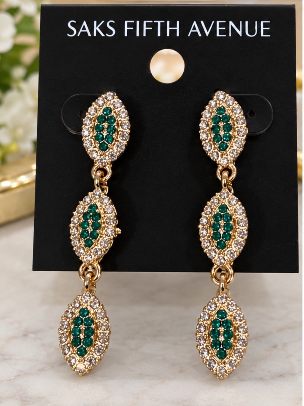 Saks Fifth Avenue Gold Drop Earrings Emerald Green clear holiday party dangle - Picture 1 of 3
